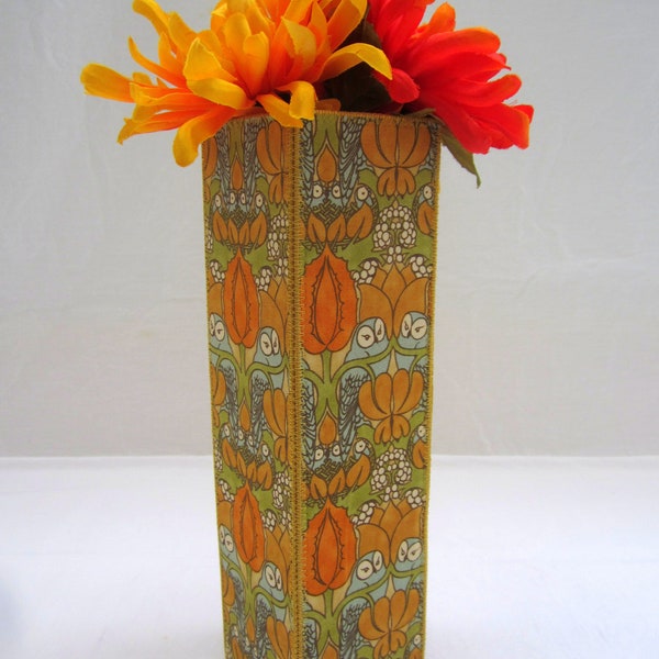Blue Owls Tall Square Fabric Vase wallpaper print olive orange gold