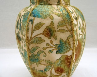 Gold and Turquoise fabric ginger jar vase floral