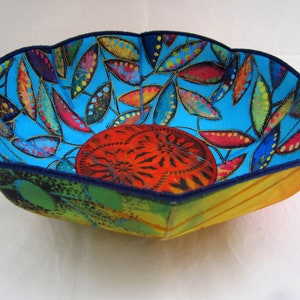 Painted Leaves fabric bowl turquoise brick red botanic