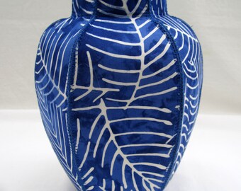 Indigo Leaves fabric ginger jar vase blue and white batik