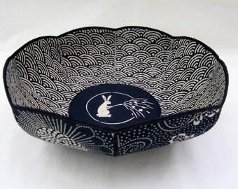 Japanese Rabbit Watering fabric bowl indigo waves