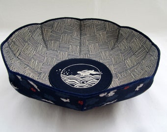 Japanese Rabbit Swimming fabric bowl basket weave navy blue