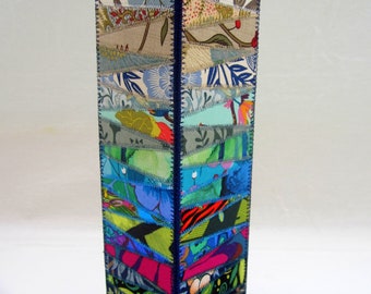 Summer Fields Mosaic Tall Fabric Vase cool tones blue green scrap quilt