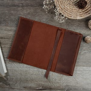 Custom leather book sleeve, A5 book cover with bookmark, Personalized book case, Refillable book cover, Handmade writing gift