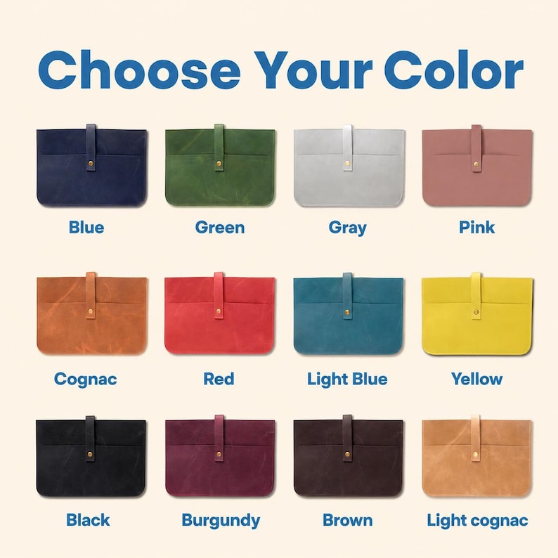 May include: A selection of leather laptop sleeves in various colors, including blue, green, gray, pink, cognac, red, light blue, yellow, black, burgundy, brown, and light cognac. Each sleeve has a flap closure.