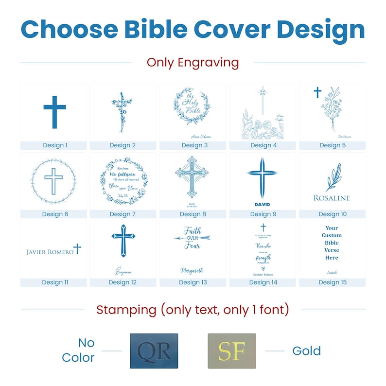 May include: A selection of Bible cover designs, featuring crosses, floral elements, and text options. The designs are presented in a grid format, with options for engraving and stamping. Color options include no color, blue, and gold.