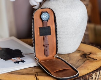 100% Genuine Leather Watch Travel Case, Personalized Watch Organizer, Leather Watch Roll, Single Watch Storage Pouch, Gift for Him