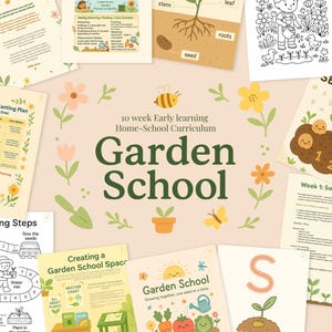 May include: Educational printables for a "Garden School" curriculum, featuring worksheets, planting guides, and colouring pages. The illustrations are garden-themed, with text. The colour scheme is soft, with pastel tones and botanical elements.
