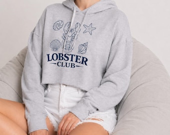 Lobster Club Cropped Hoodie, Beach Graphic Hoodie, Coastal Aesthetic Sweatshirt, Summer Ocean Hoodie, Cute Seaside Pullover