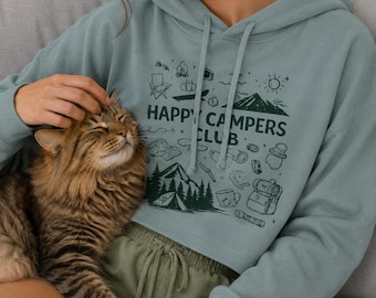 Happy Campers Club Cropped Hoodie – Camping & Vandring Grafisk Hoodie Gåva