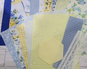 Slow Stitching & Junk Journal-stoffenbundel • Vintage versieringen, textielresten • Versieringsset - blauw/geel