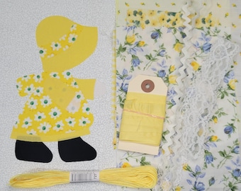 Slow Stitch Kit | Quiltblok geelblauwe bloemenapplicatie, bundel junkjournalstoffen