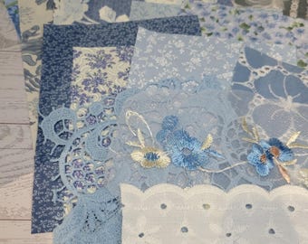 Slow Stitching & Junk Journal-stoffenbundel • Vintage versieringen, textielresten • Versieringsset - blauw