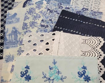 Slow Stitching & Junk Journal-stoffenbundel • Vintage versieringen, textielresten • Versieringsset - marineblauw