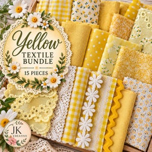 Puede incluir: Un conjunto de 15 piezas textiles amarillas con varios patrones, incluyendo cuadros vichy, estampados florales, lunares y encaje. La colección incluye tela amarilla sólida, ribetes de encaje blanco y cinta amarilla en zigzag.