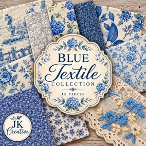 Puede incluir: Una colección de 15 piezas de tela con varios patrones florales, toile y geométricos en azul y blanco. Una etiqueta central dice Blue Textile Collection 15 Pieces, y un logotipo circular muestra JK Creative.