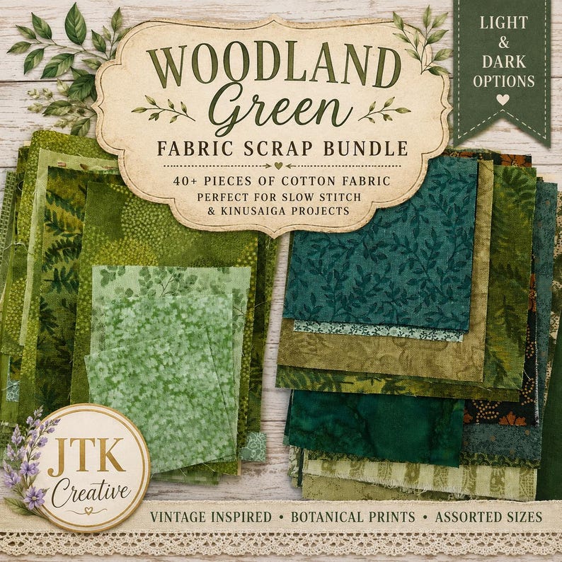 Puede incluir: Un paquete de m&aacute;s de 40 retazos de tela de algod&oacute;n en varios tonos de verde con estampados bot&aacute;nicos. El texto dice WOODLAND Green FABRIC SCRAP BUNDLE, 40+ PIECES OF COTTON FABRIC, LIGHT & DARK OPTIONS, VINTAGE INSPIRED, BOTANICAL PRINTS, ASSORTED SIZES.