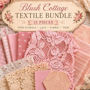 Paquete de encajes y telas para costura lenta y diario creativo • Adornos vintage, retazos textiles • Kit de adornos - Rosas