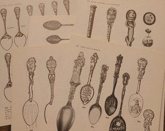 Vintage lepelillustratieboekpagina's - kortstondige voor junkjournal, collage en mixed media