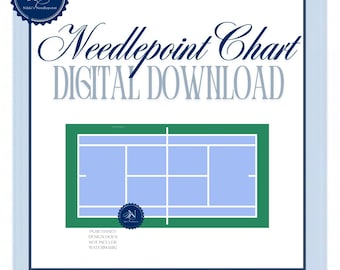 May include: A digital needlepoint chart with a tennis court design. The chart features a light blue court with green borders, set against a white background. The text "Needlepoint Chart DIGITAL DOWNLOAD" is displayed in elegant script.