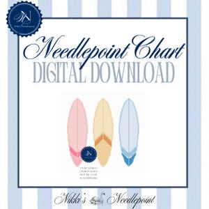 Op de afbeelding: Digitale download naaldkunstkaart met drie surfboard ontwerpen in pastelroze, geel en blauw. De tekst "Needlepoint Chart DIGITAL DOWNLOAD" wordt boven de surfboards weergegeven. De afbeelding bevat de tekst "Purchased design does not include watermark."