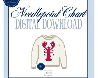 Lobster sweater | Needlepoint Pattern | 18 mesh chart | Digital Chart PDF | preppy