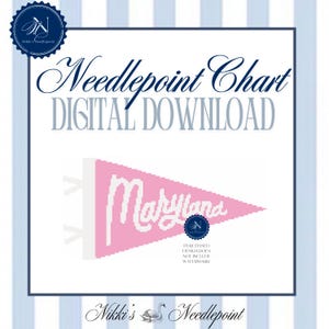 Może przedstawiać: Cyfrowy wykres do haftu igłowego z różowym proporcem z napisem "Maryland" w kolorze białym. Projekt zawiera tekst "Needlepoint Chart DIGITAL DOWNLOAD" i logo Nikki's Needlepoint.