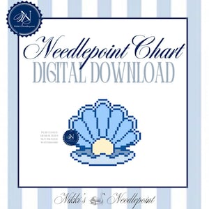 May include: Digital needlepoint chart with a pixelated blue seashell design. The text "Needlepoint Chart DIGITAL DOWNLOAD" is displayed above the seashell. The image includes the text "Purchased design does not include watermark!" and the Nikki's Needlepoint logo.