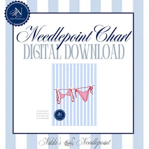 Puede incluir: Descarga digital de un gráfico de punto de aguja con un bikini rosa colgado en un tendedero sobre un fondo a rayas azules y blancas. El texto dice "Needlepoint Chart DIGITAL DOWNLOAD".