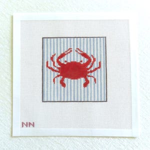 Crab striped square needlepoint canvas | hand painted on 18 mesh | canvas only | coastal preppy needlepoint
