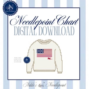 May include: Digital needlepoint chart featuring a pixelated sweater design with an American flag and the initials "N.L." The image includes the text "Needlepoint Chart DIGITAL DOWNLOAD" and the brand name "Nikki's Needlepoint."
