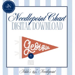 Pode incluir: Um gráfico de ponto de cruz para download digital com uma flâmula laranja queimado exibindo a palavra "Georgia" em branco. A imagem inclui o texto "Needlepoint Chart DIGITAL DOWNLOAD" e o logotipo Nikki's Needlepoint. O design é uma flâmula.