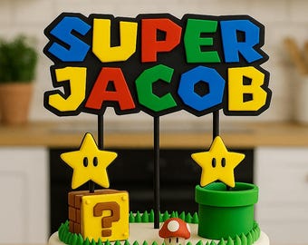 Personalised Mario Style Cake Topper – Custom Name Birthday Decoration – Kids Party Supplies – Gaming Theme Cake Topper