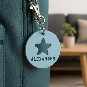 Personalised Round Name Keyring with Big Icon – Custom Bag Tag – Gift for Kids Adults – Backpack Keychain – Stocking Filler Present