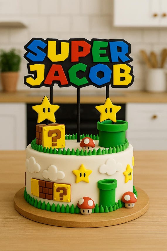 Personalised Mario Style Cake Topper – Custom Name Birthday Decoration – Kids Party Supplies – Gaming Theme Cake Topper