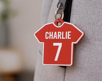 Personalised Football Shirt Keyring – Custom Name & Number Keychain – Gift for Kids Adults Sports Fans – Bag Tag Party Favour