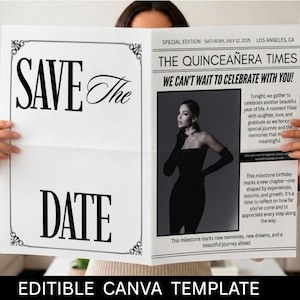 Quinceañera Save the Date Newspaper Template, Editable Canva Invitation, Custom Birthday Announcement Photo Prop Digital Download