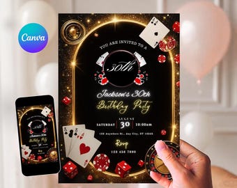 Casino Birthday Invitation, Casino Theme Birthday, Casino Night, Playing Cards Poker, 21st 30th 40th 50th, Casino Retirement, Editable Canva
