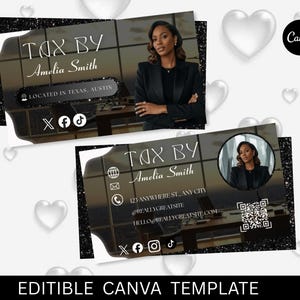 Può includere: Due modelli di biglietti da visita in bianco e nero. Le carte presentano il testo "TAX BY Amelia Smith" e icone di social media. Una carta indica "Located in Texas, Austin". Il logo Canva è visibile.