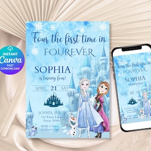 Frozen Four The First Time In Forever Birthday Invitation Elsa Invitation Editable 4th Frozen Birthday Invitation Elsa Party Invite Canva