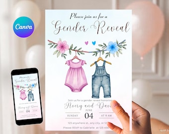 Boho Gender Reveal Invitation, Vintage Baby Clothes Gender Reveal Instant Download, Editable Gender Reveal Invite Template, Neutral Baby