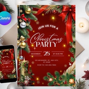 Pode incluir: Um convite para uma festa de Natal com fundo vermelho, apresentando decorações festivas como ramos de pinheiro, enfeites e um grande laço vermelho. O texto do convite diz "Join us for a Christmas Party" com data e hora.