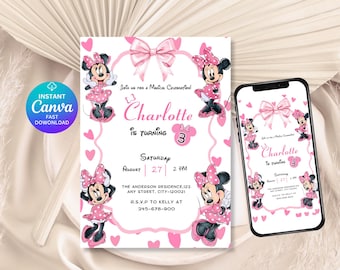 Redigerbar mall för rosa Minnie Mouse-födelsedagsinbjudan, akvarell flickfödelsedagsinbjudan, rosa Minnie Mouse-inbjudan, Canva-mall DDS_04