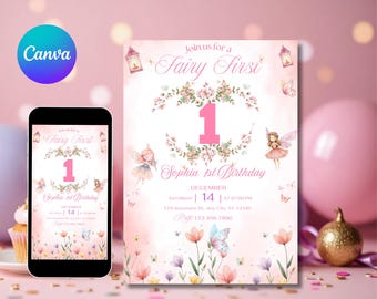 Fairy First Birthday Invitation Girl, Fairy 1st Birthday Invite, Girl 1st Birthday Invitation,Garden Fairy Birthday, Editable Canva Template