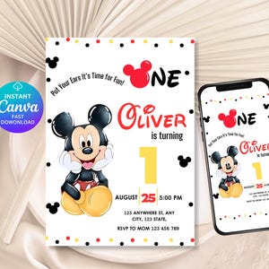 Mickey Mouse Birthday Invitation, Printable Invitation Template Mickey, 1st birthday Micky Invite, Birthday Boy Invitation 1st, Mickey Mouse