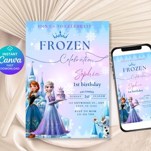 Bewerkbare digitale Elsa-uitnodiging Digitale Frozen-feestuitnodiging Frozen-feestuitnodiging Frozen-verjaardag Elsa Anna Frozen Any Age verjaardagssjabloon