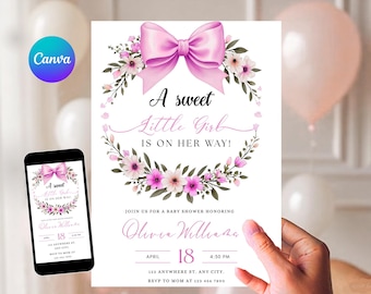 Pink Bow Baby Shower Invitation: Floral Girl Invite (Editable Canva Template, Digital Download) DDS