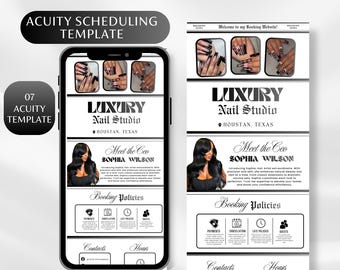 May include: A black and white Acuity Scheduling template for a nail studio. The layout features a photo gallery of manicured nails, the text Luxury Nail Studio, Houston, Texas, Meet the Ceo Sophia Wilson, and sections for booking policies, contacts, and hours.