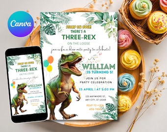 Dinosaur Birthday Invitation, Editable Three Rex Birthday Invite, Boys Third Birthday Dino Party, Three-Rex On The Loose, Dinosaur Template