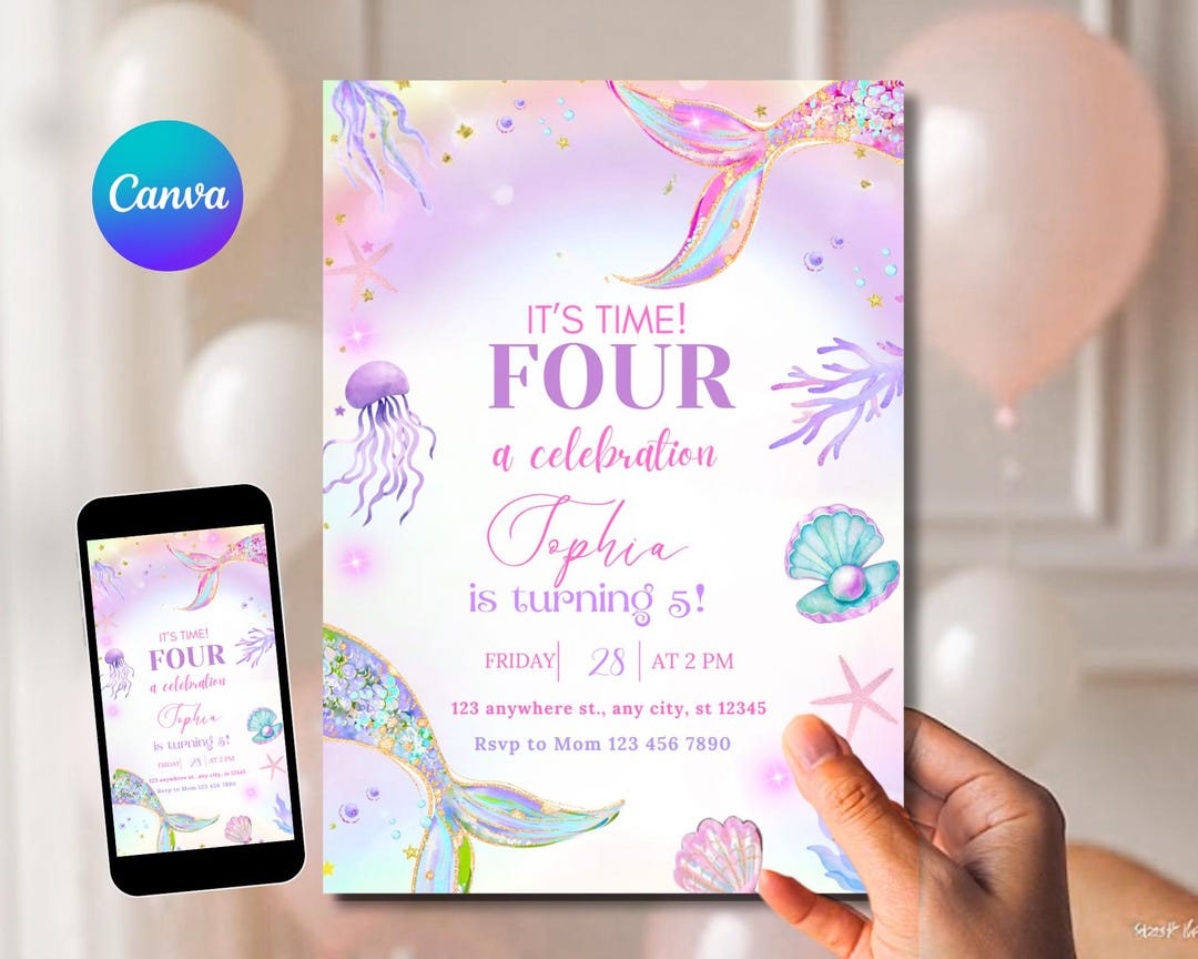 Editable Four Birthday Invitations Mermaid Tail Fourth Girls Summer 4th ...
